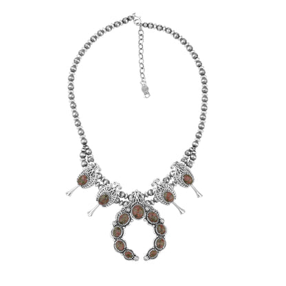Sterling Silver Unakite Leaf and Vine Squash Blossom Necklace, 18 to 21 Inches