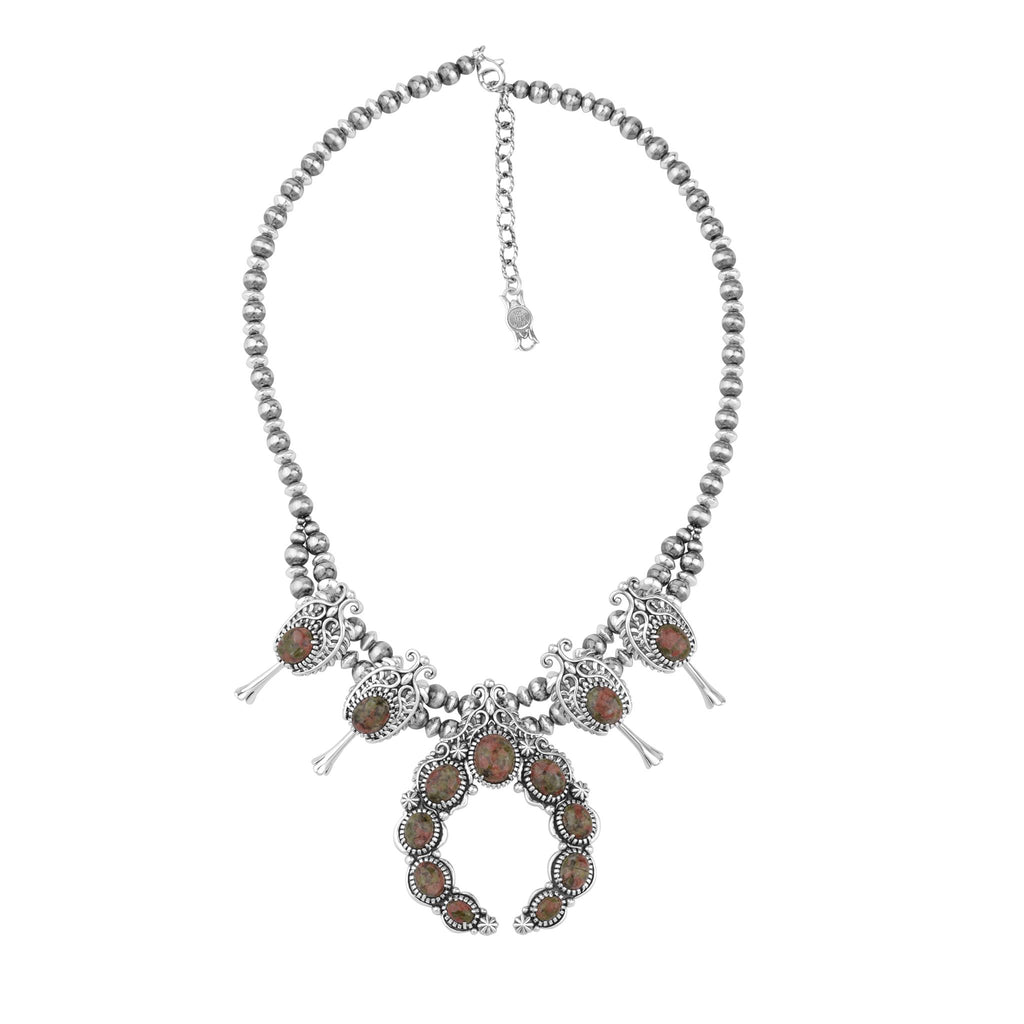 Sterling Silver Unakite Leaf and Vine Squash Blossom Necklace, 18 to 21 Inches