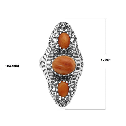 Sterling Silver Orange Spiny Oyster Leaf and Vine Oval Ring