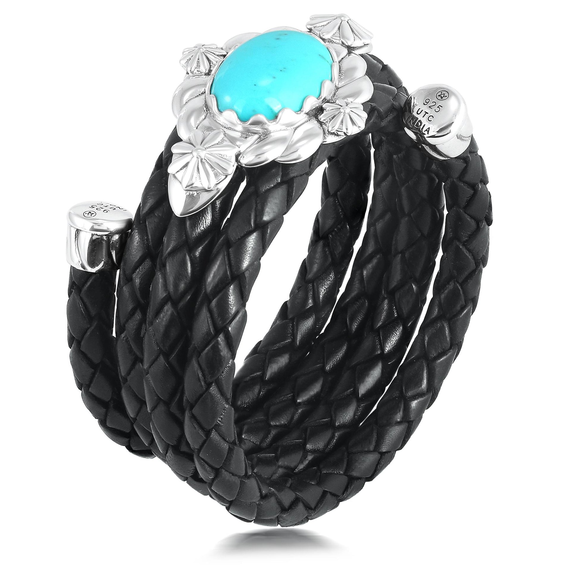 Sterling Silver Kingman Turquoise Black Braided Leather Coil Wrap Bracelet, 24 Inches