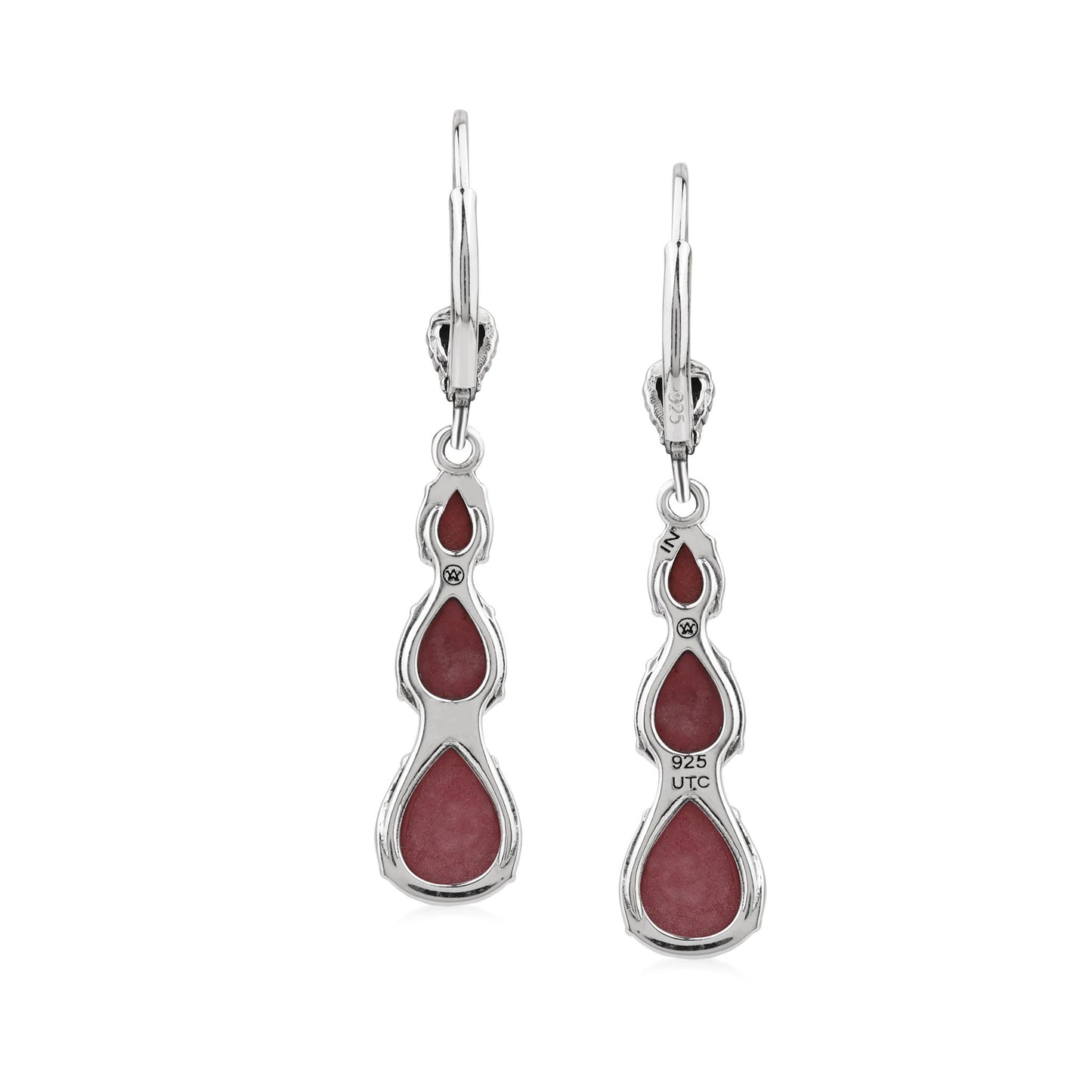  Sterling Silver Rhodonite 3-Pear Drop Lever Back Earrings