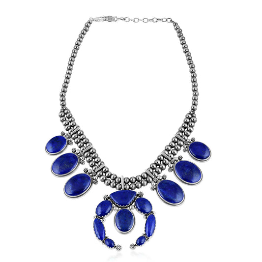 Sterling Silver Lapis Naja Squash Blossom Statement Necklace