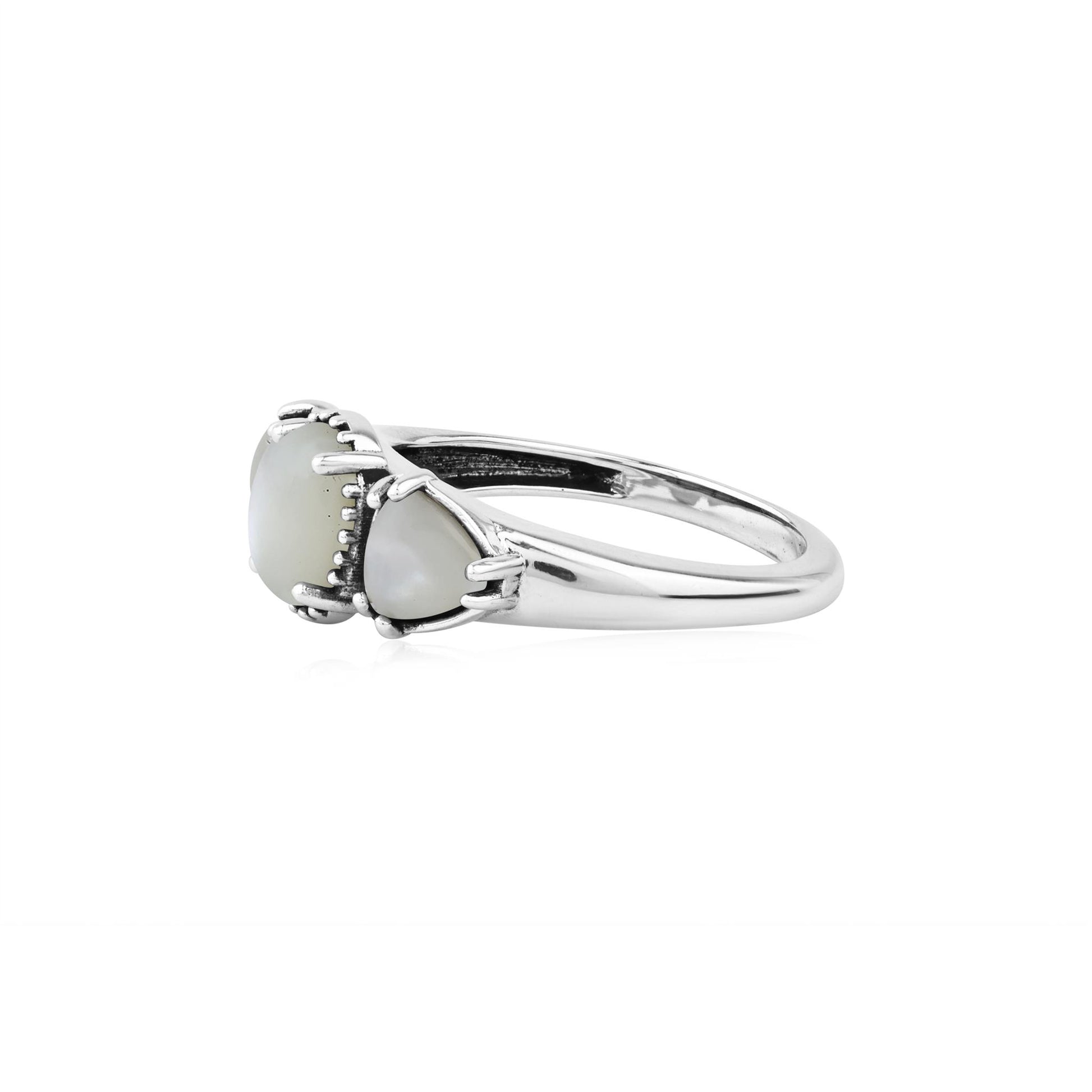  Sterling Silver White Mother of Pearl Oval and Trillion 3-Stone Ring