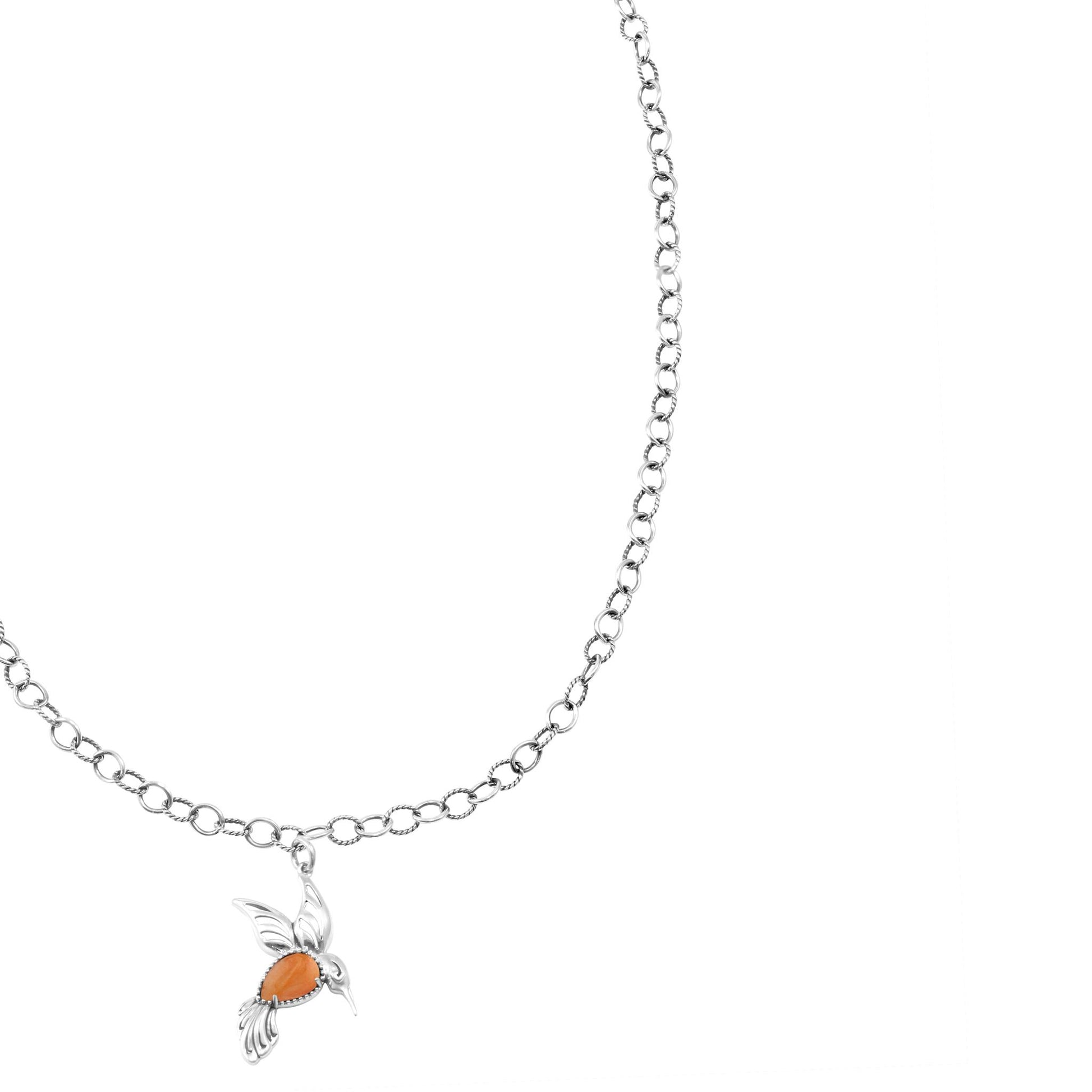 Sterling Silver Orange Spiny Oyster Hummingbird Necklace
