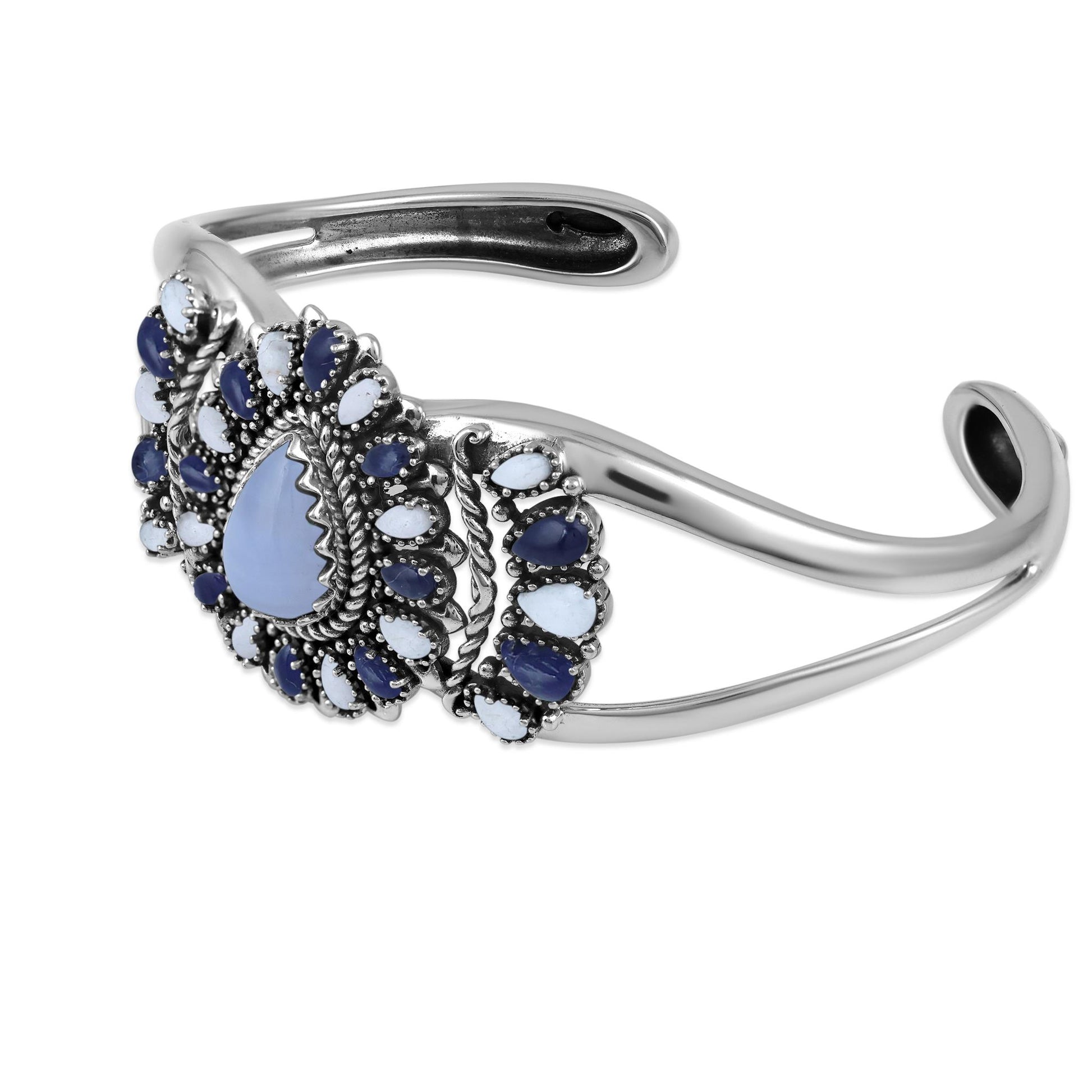 Sterling Silver Blue Lace Agate, Sodalite and White Agate Pear-Shaped Cluster Cuff Bracelet