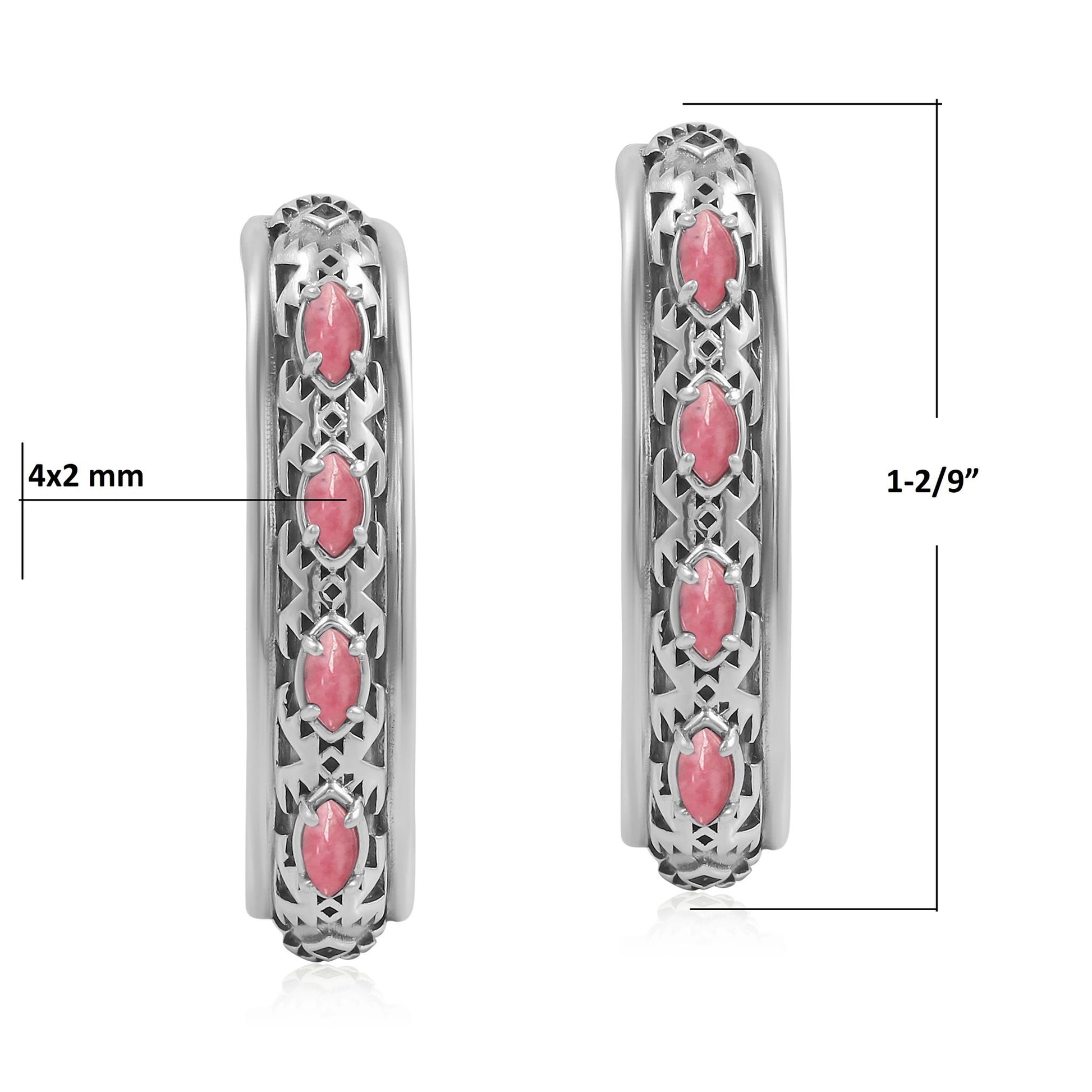 Sterling Silver Rhodonite Patterned J-Hoop 1 Inch Earrings 