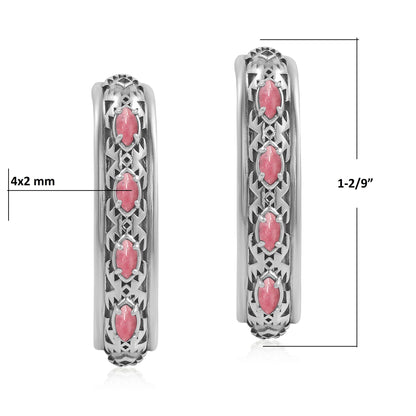 Sterling Silver Rhodonite Patterned J-Hoop 1 Inch Earrings 