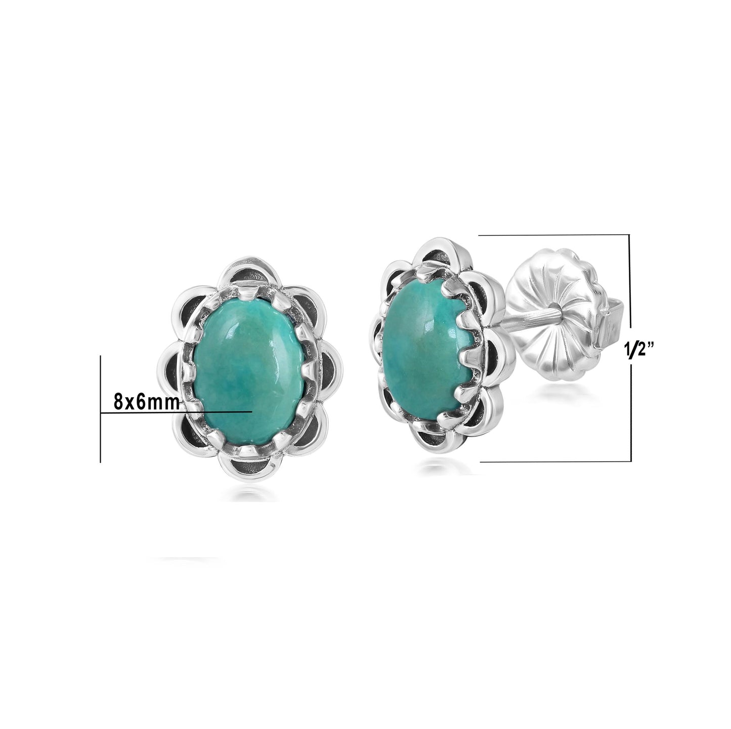 Sterling Silver Green Turquoise Concha Flower Stud Earrings