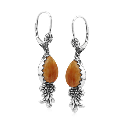 Sterling Silver Orange Spiny Oyster Teardrop Concha Squash Blossom Dangle Earrings