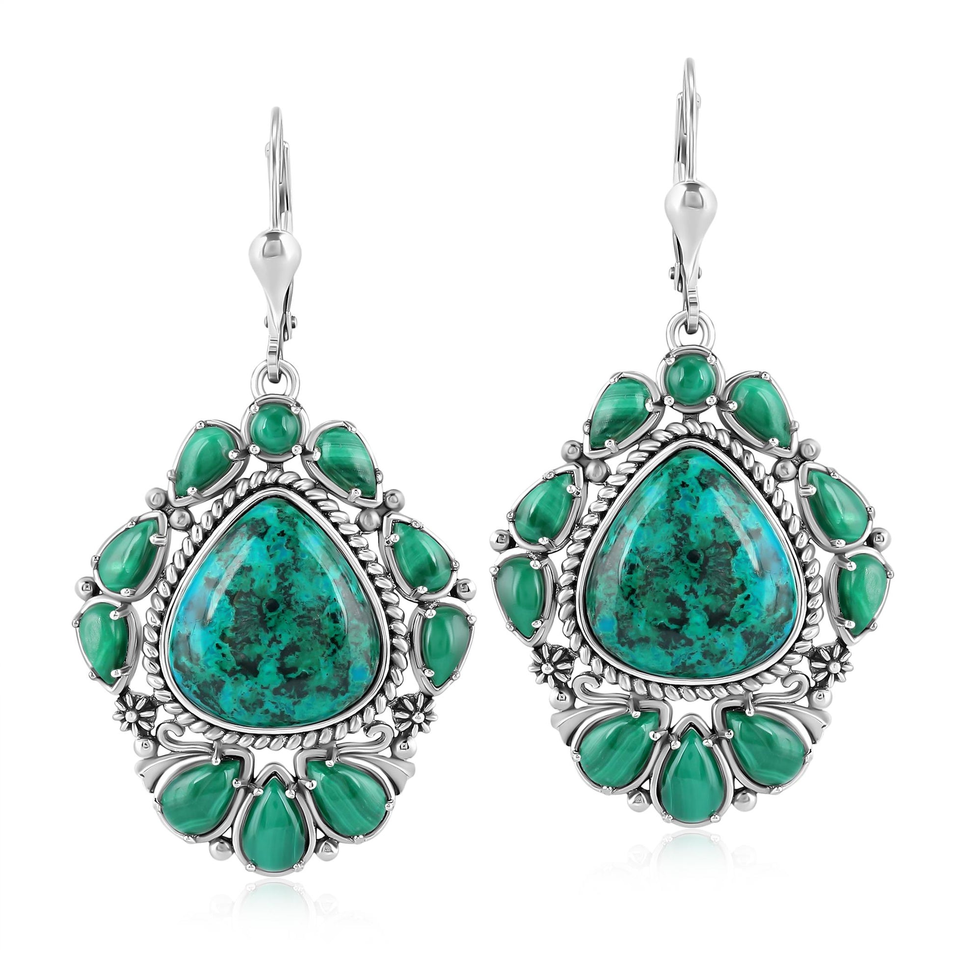 Sterling Silver Chrysocolla and Malachite Trillion Cut Dangle Earrings