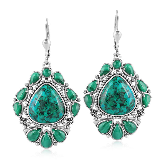 Sterling Silver Chrysocolla and Malachite Trillion Cut Dangle Earrings