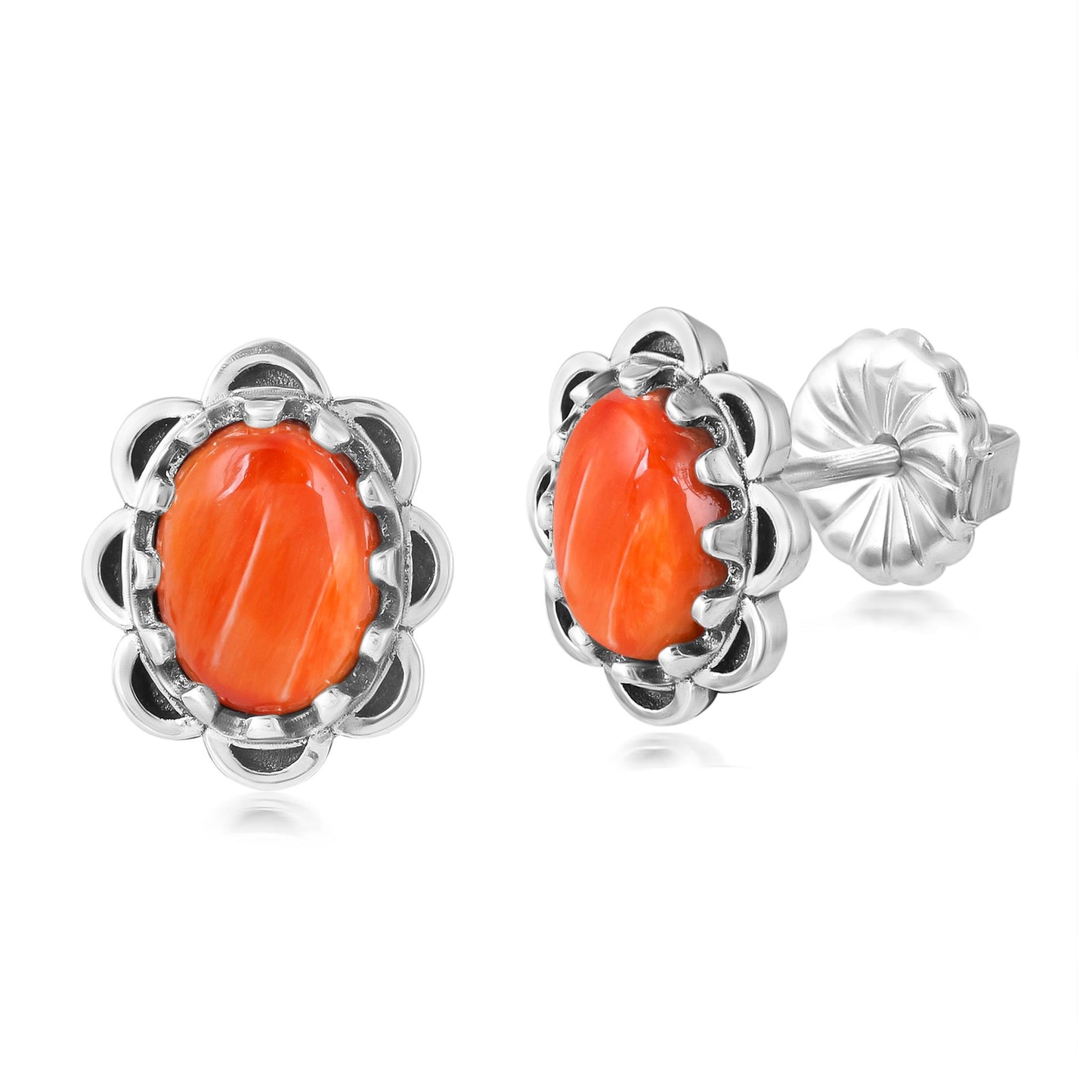 Sterling Silver Orange Spiny Oyster Concha Flower Stud Earrings