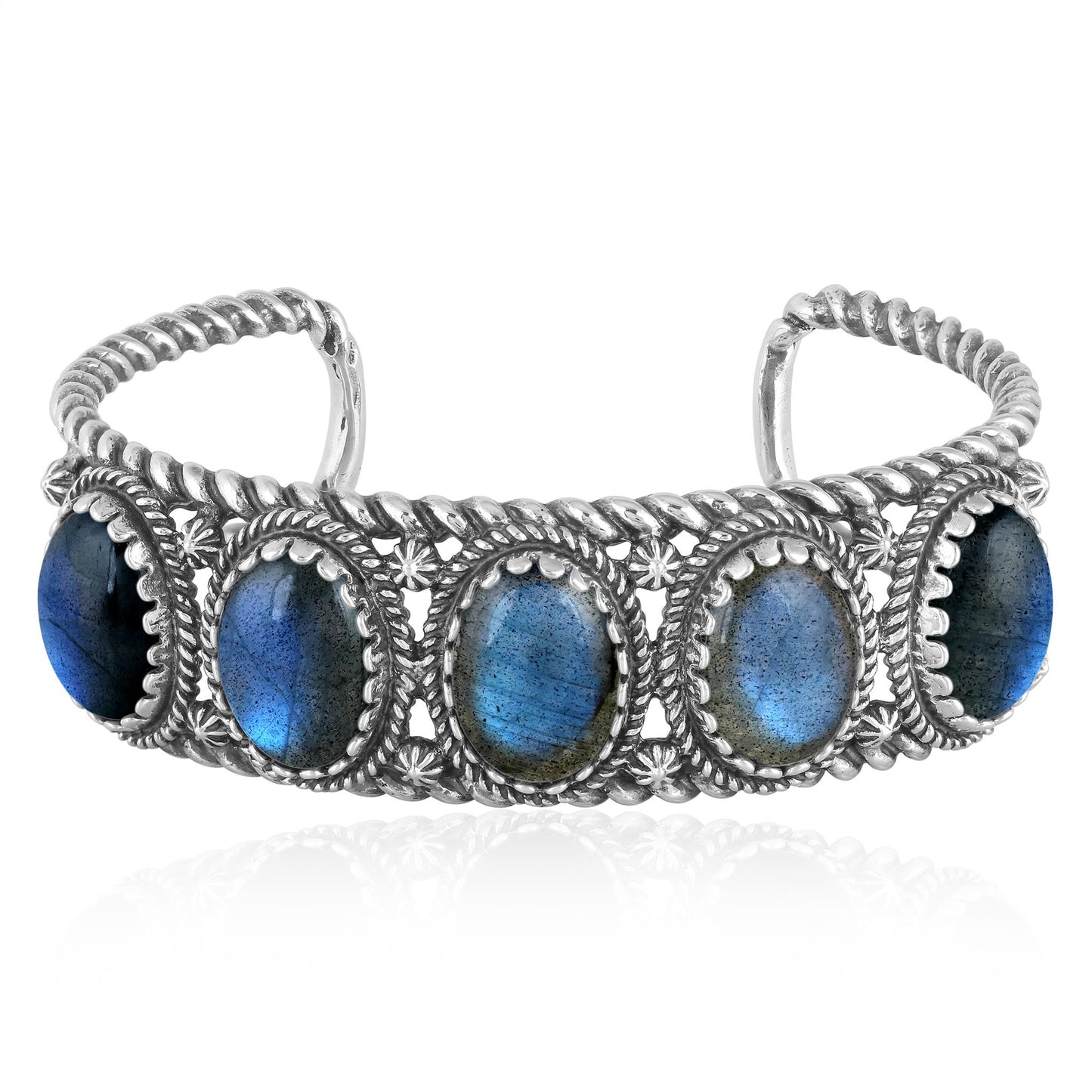 Sterling Silver Labradorite Rope Design 5-Stone Cuff Bracelet