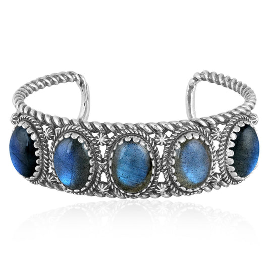 Sterling Silver Labradorite Rope Design 5-Stone Cuff Bracelet