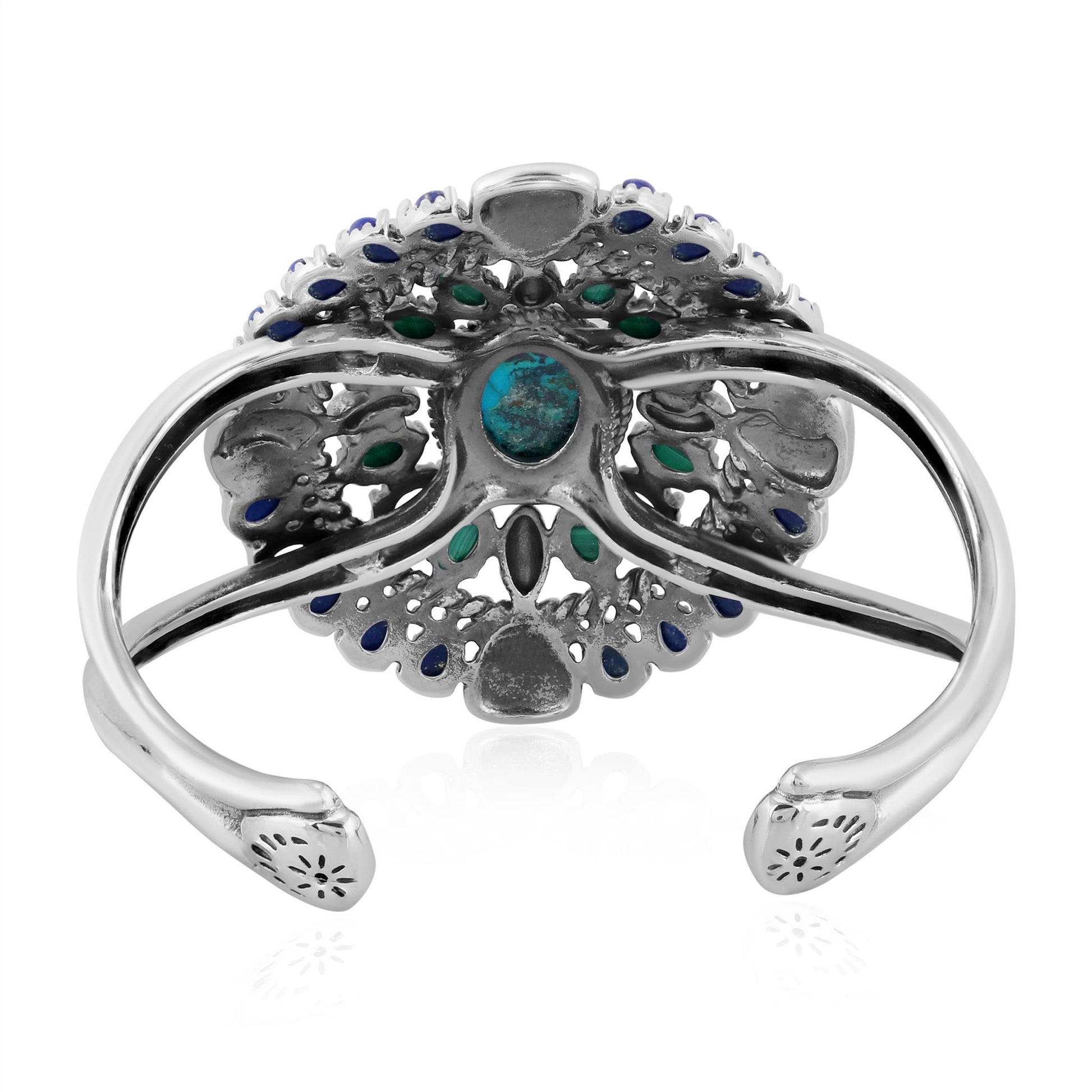 Sterling Silver Chrysocolla Lapis and Malachite Oval Floral Cluster Cuff Bracelet