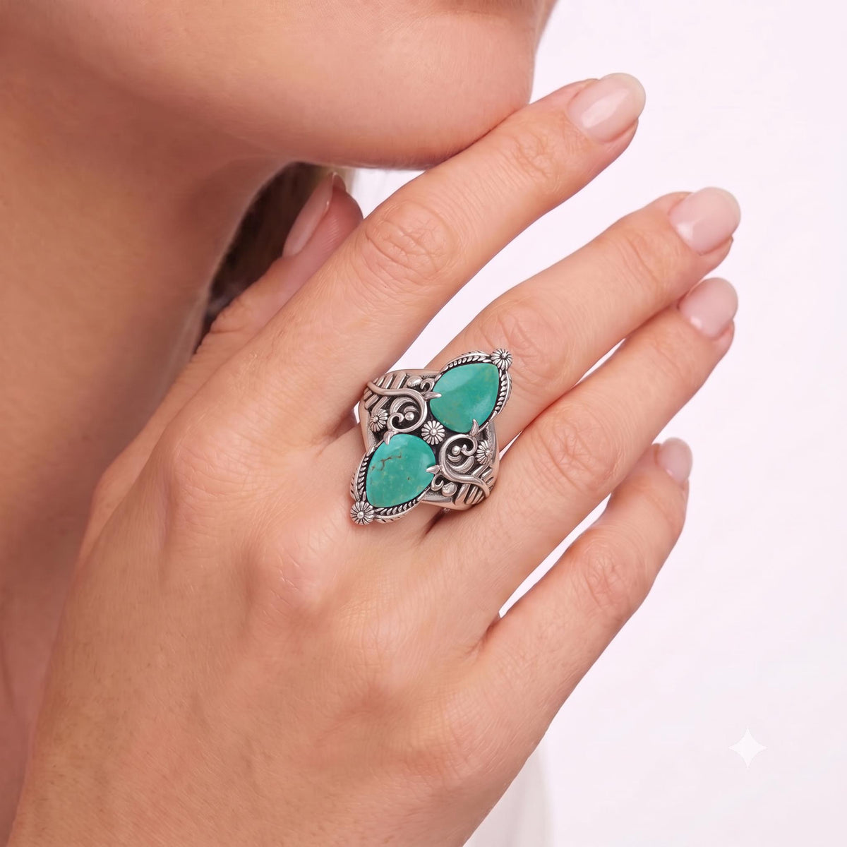 Sterling Silver Green Turquoise Double-Pear Ring, Sizes 5 to 11