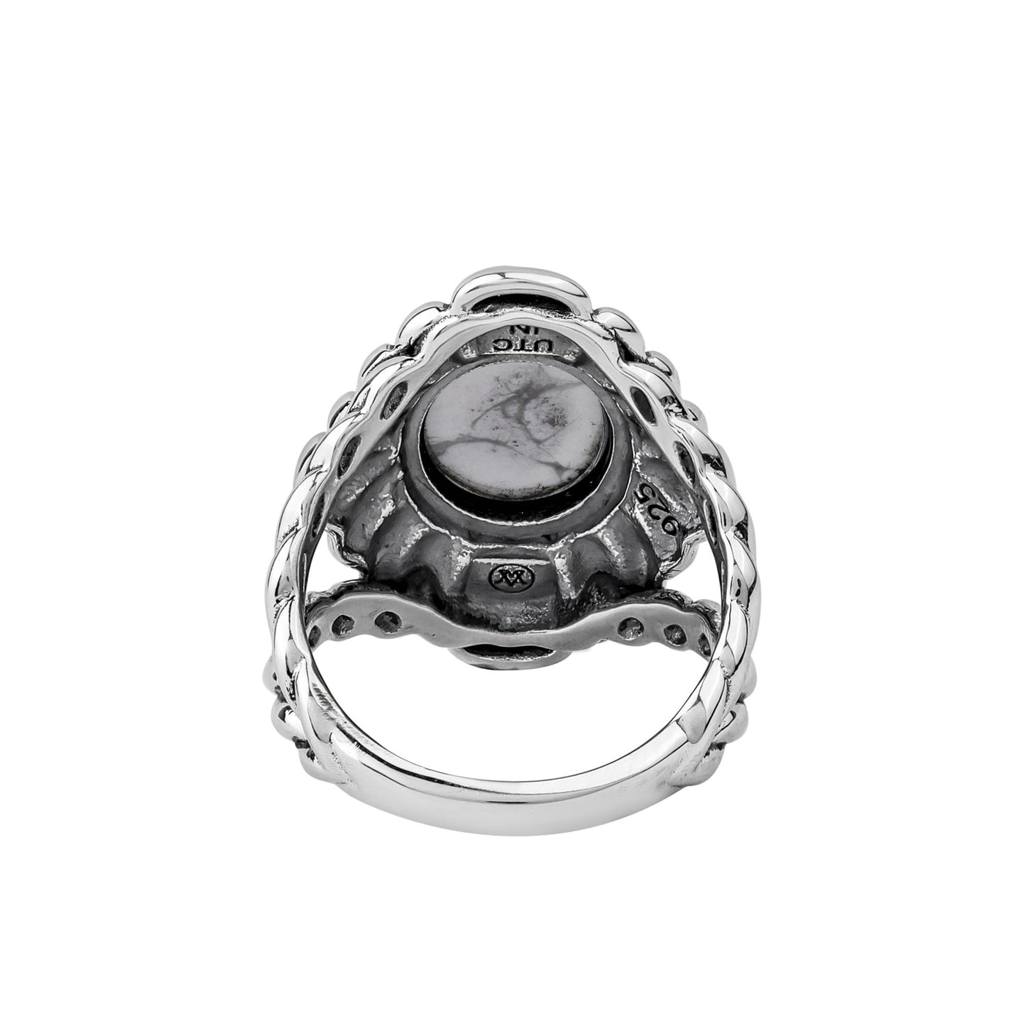 Sterling Silver White Howlite Oval-Cut Rope Scallop Design Ring