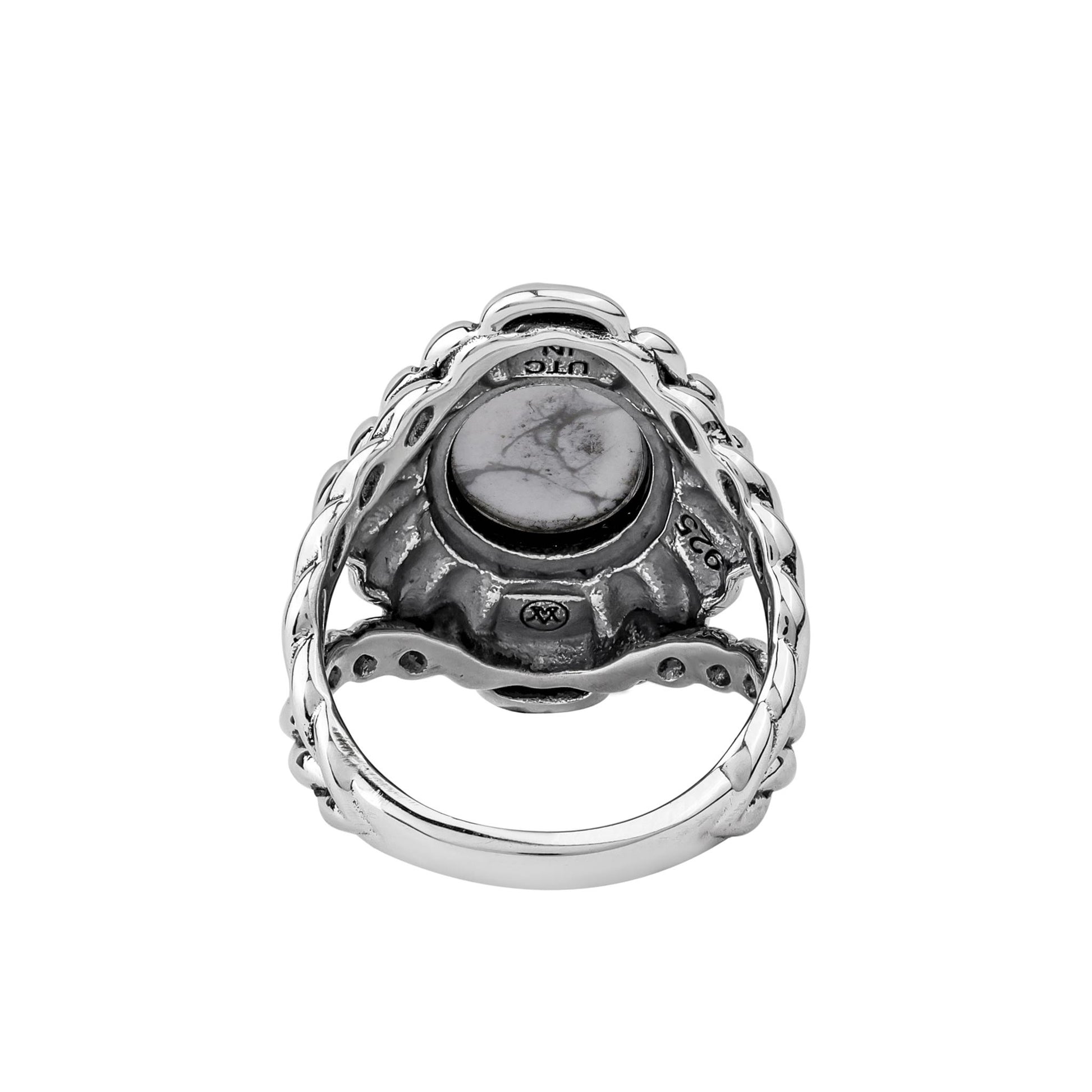 Sterling Silver White Howlite Oval-Cut Rope Scallop Design Ring