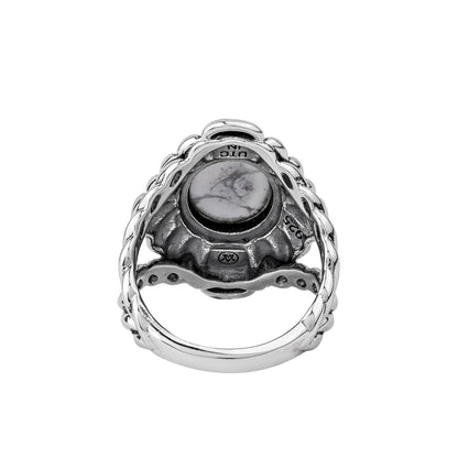 Sterling Silver White Howlite Oval-Cut Rope Scallop Design Ring