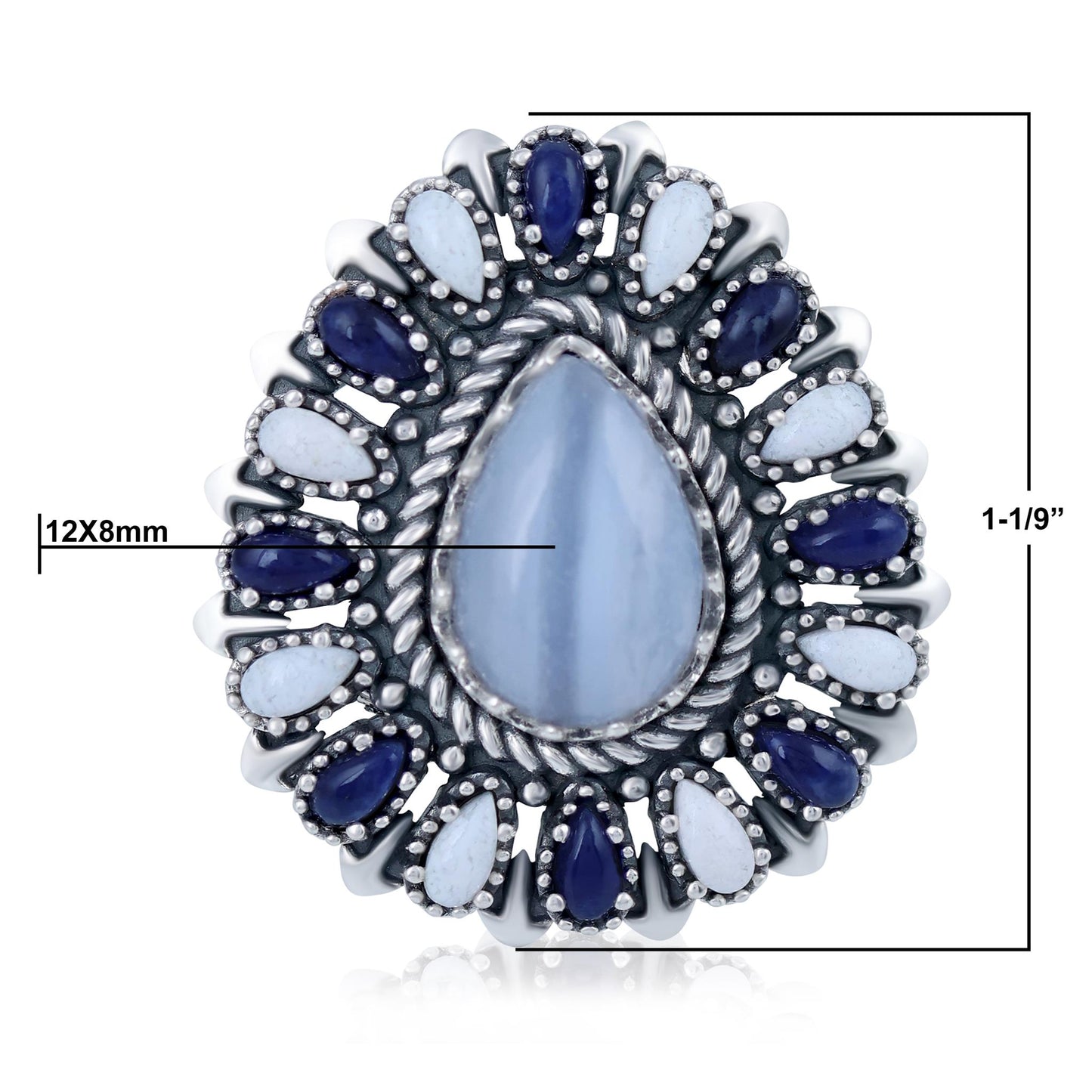 Sterling Silver Blue Lace Agate, Sodalite and White Agate Pear-Shaped Cluster Ring
