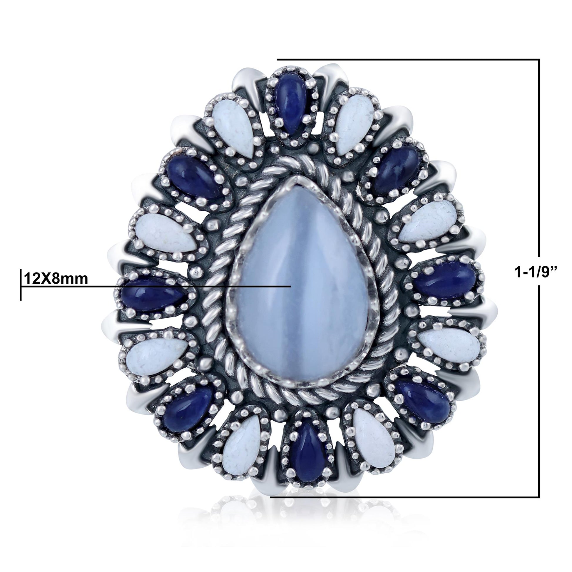 Sterling Silver Blue Lace Agate, Sodalite and White Agate Pear-Shaped Cluster Ring