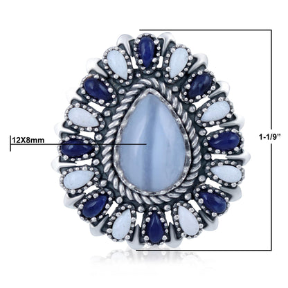 Sterling Silver Blue Lace Agate, Sodalite and White Agate Pear-Shaped Cluster Ring