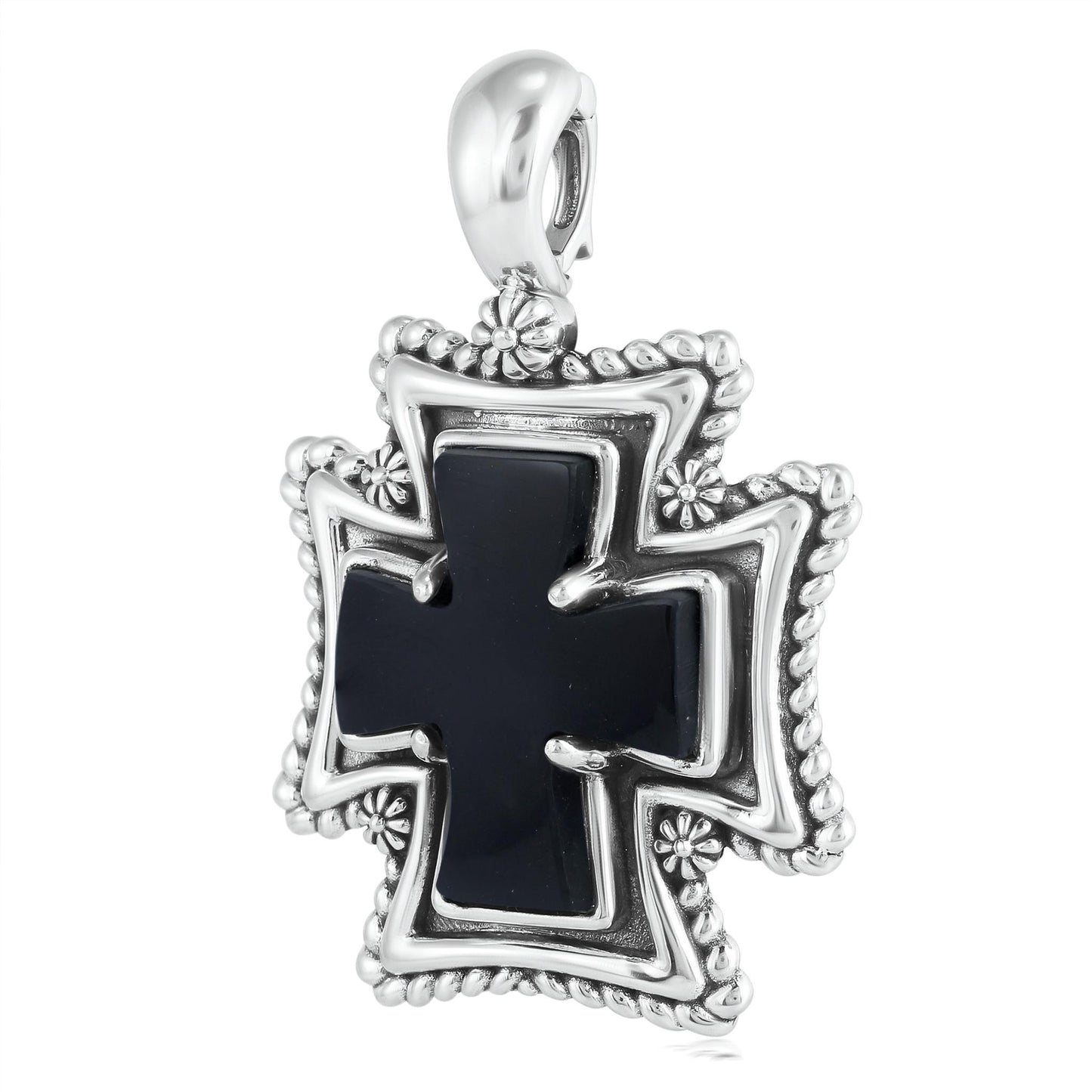 Sterling Silver Black Agate Rope Detail Cross Pendant Enhancer