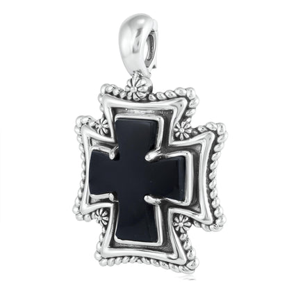 Sterling Silver Black Agate Rope Detail Cross Pendant Enhancer