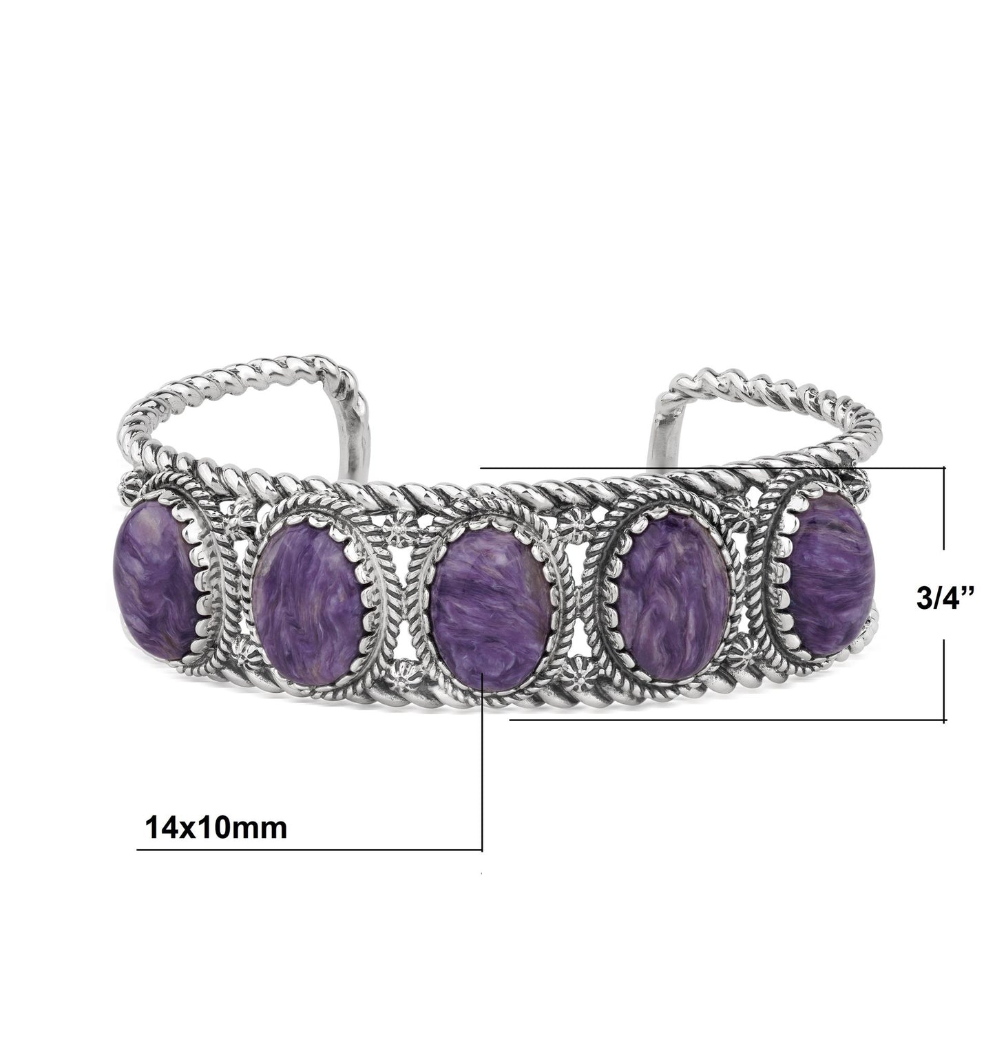EXCLUSIVELY OURS! Sterling Silver Charoite Rope Design 5-Stone Cuff Bracelet, Sizes Small to Large