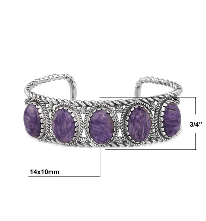 EXCLUSIVELY OURS! Sterling Silver Charoite Rope Design 5-Stone Cuff Bracelet, Sizes Small to Large