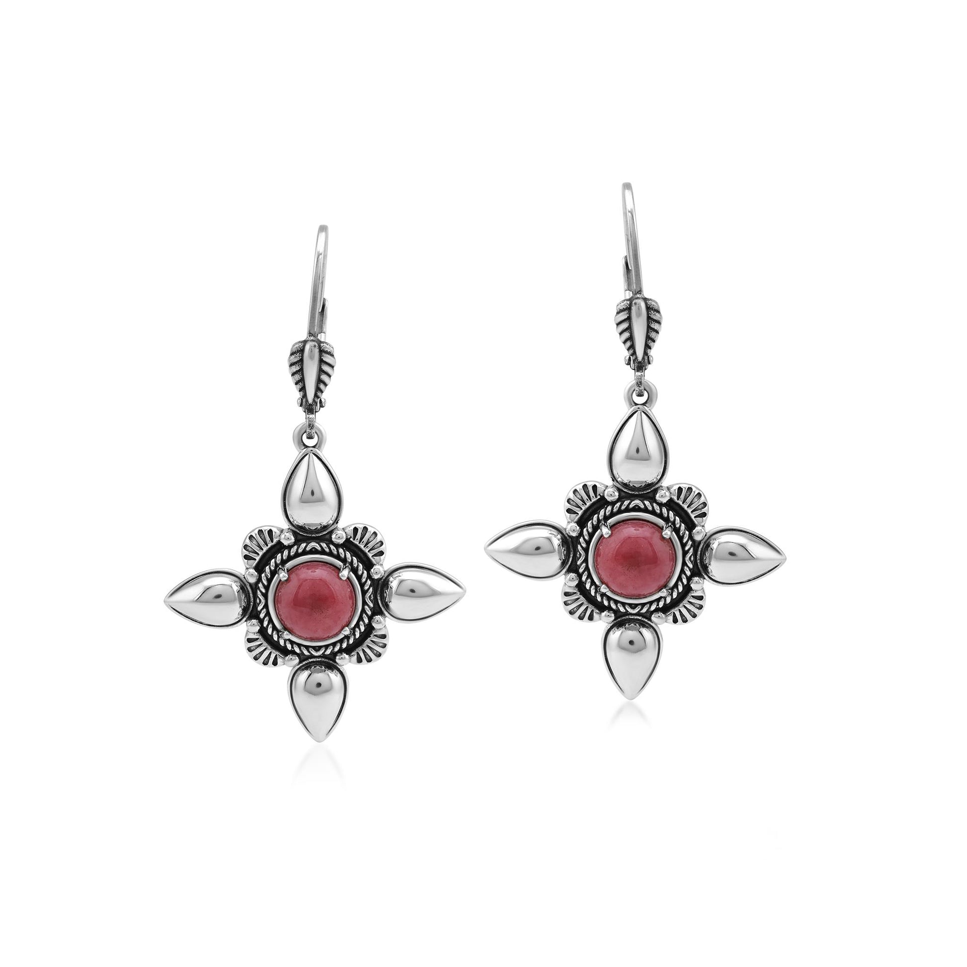 Sterling Silver Rhodonite Compass Star Lever Back Earrings