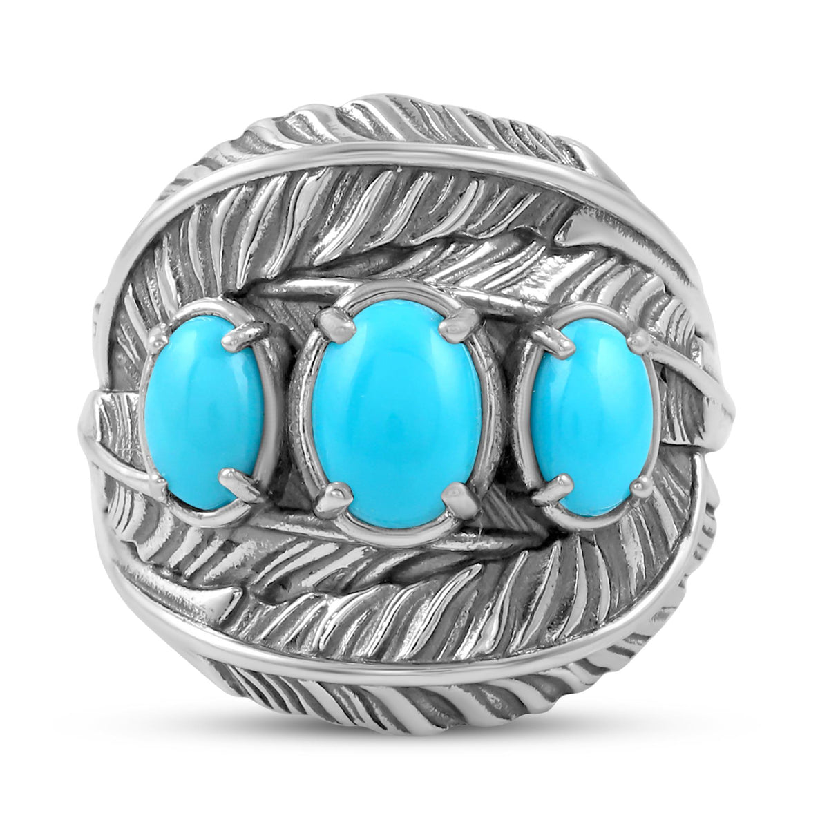 Sterling Silver Sleeping Beauty Turquoise Three-Stone Oval Cut Feather Ring, Sizes 5 to 11