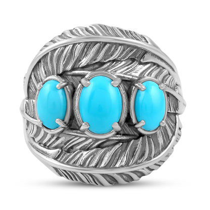 Sterling Silver Sleeping Beauty Turquoise Three-Stone Oval Cut Feather Ring, Sizes 5 to 11
