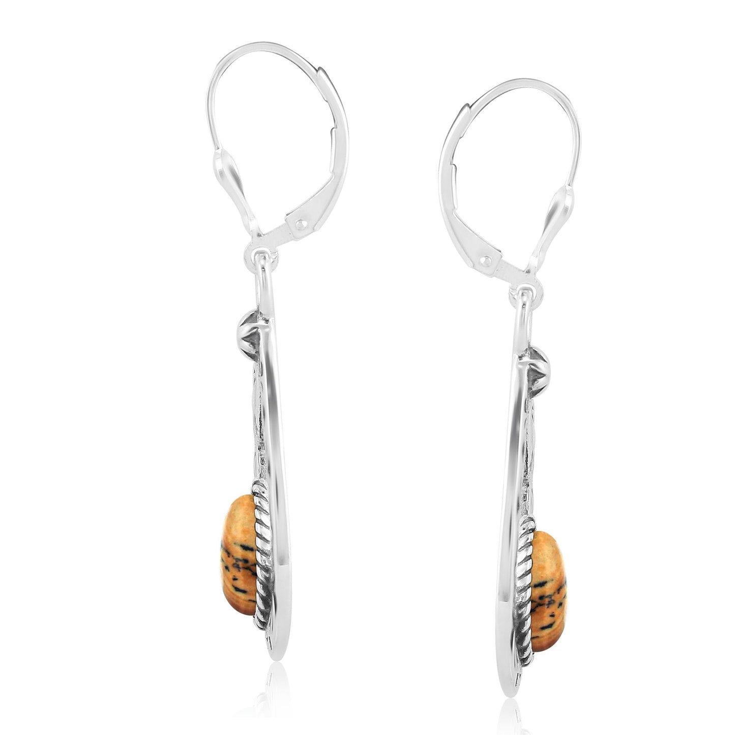 Sterling Silver Picture Jasper Gemstone Open Teardrop Dangle Earrings