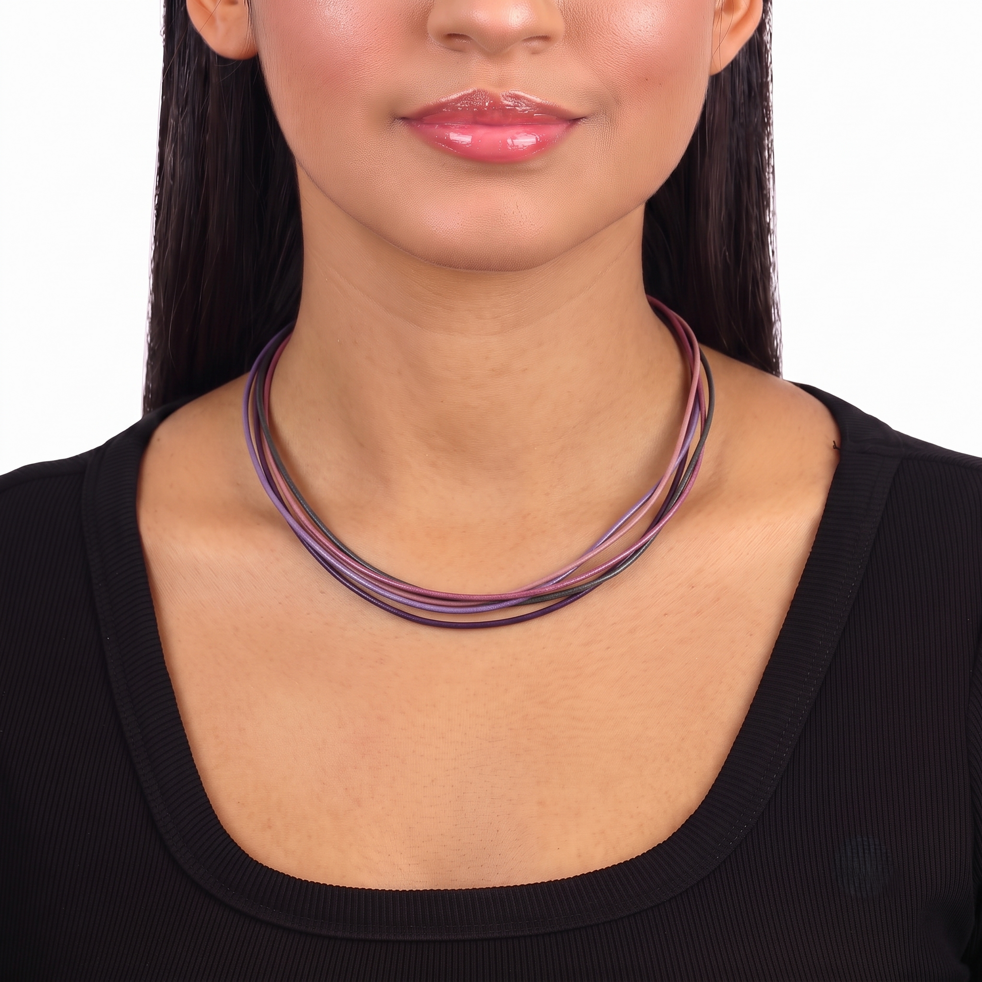 Sterling Silver Pink Leather 5 Strand Necklace, 17 to 20 Inches