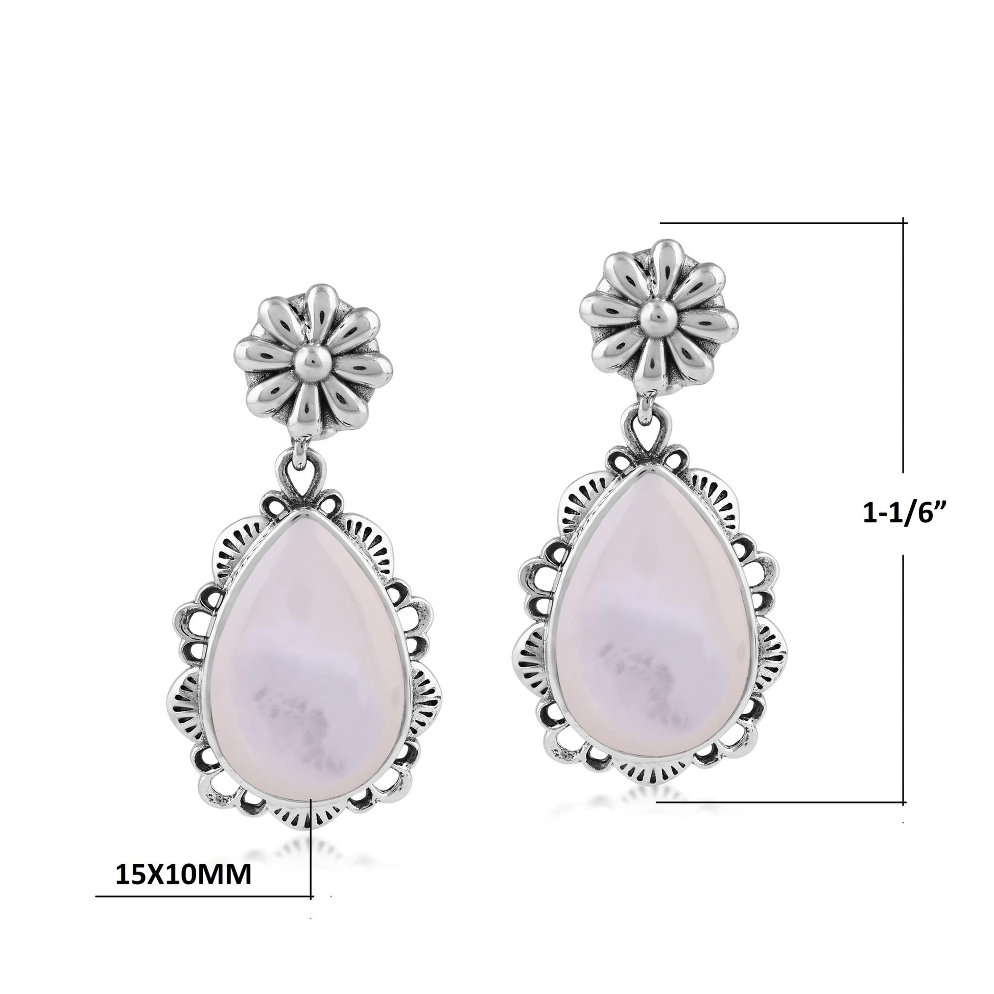  Sterling Silver White Mother of Pearl Pear-Cut Concha Dangle Earrings