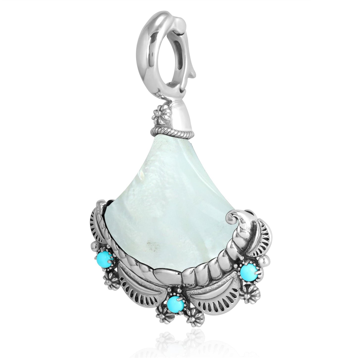 Sterling Silver White Mother of Pearl and Sleeping Beauty Turquoise Fan Pendant Enhancer 