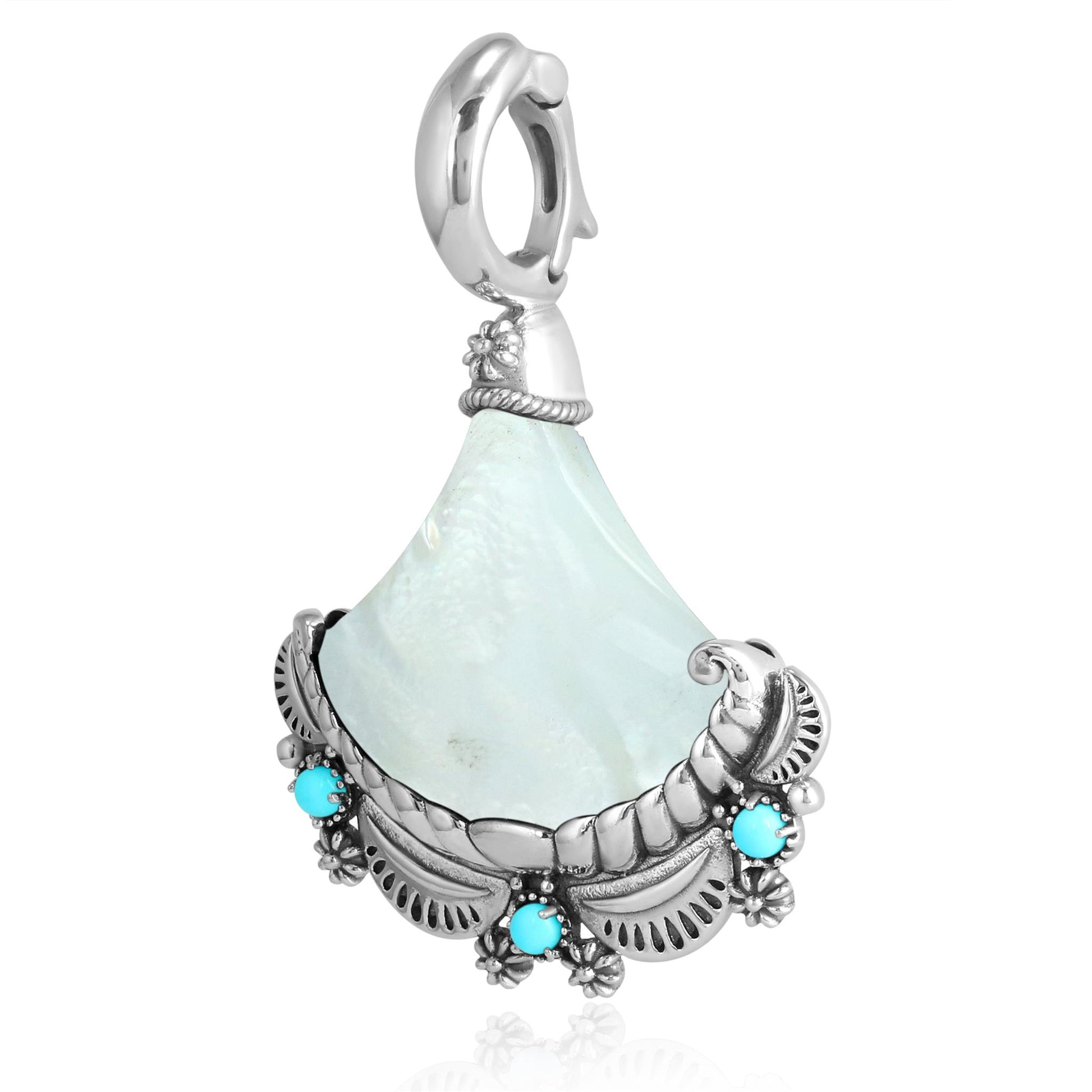 Sterling Silver White Mother of Pearl and Sleeping Beauty Turquoise Fan Pendant Enhancer 