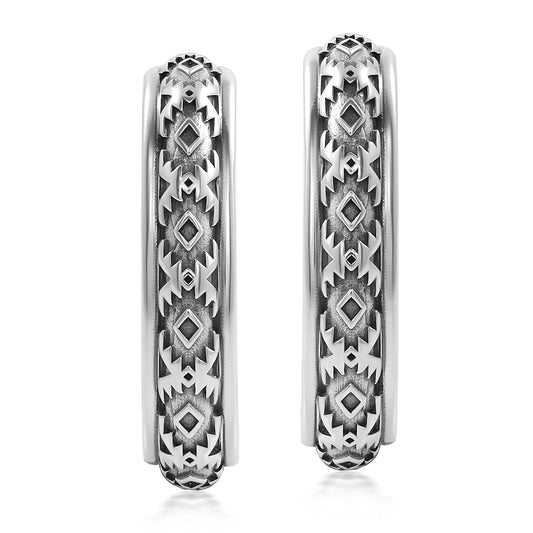 Sterling Silver Patterned J-Hoop 1 Inch Earrings 