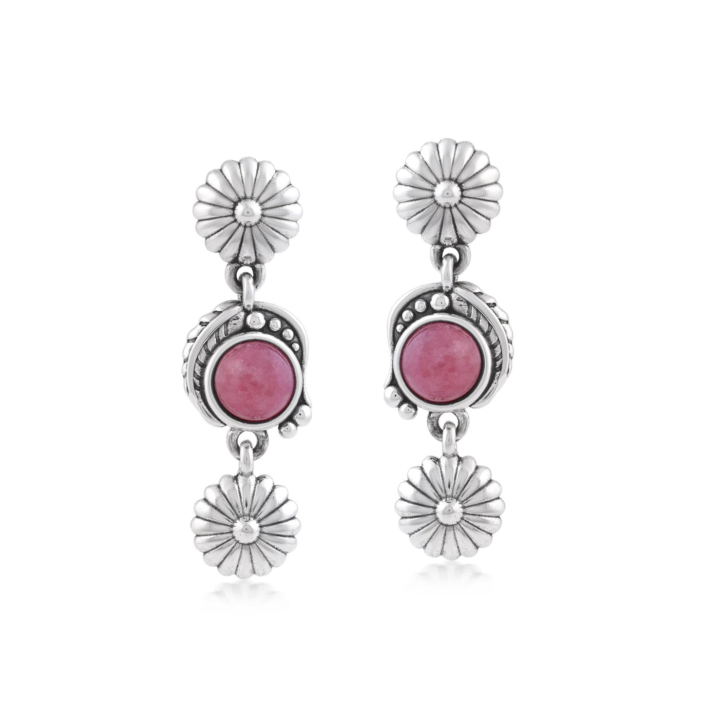 Sterling Silver Rhodonite Leaf and Flower Dangle Earrings
