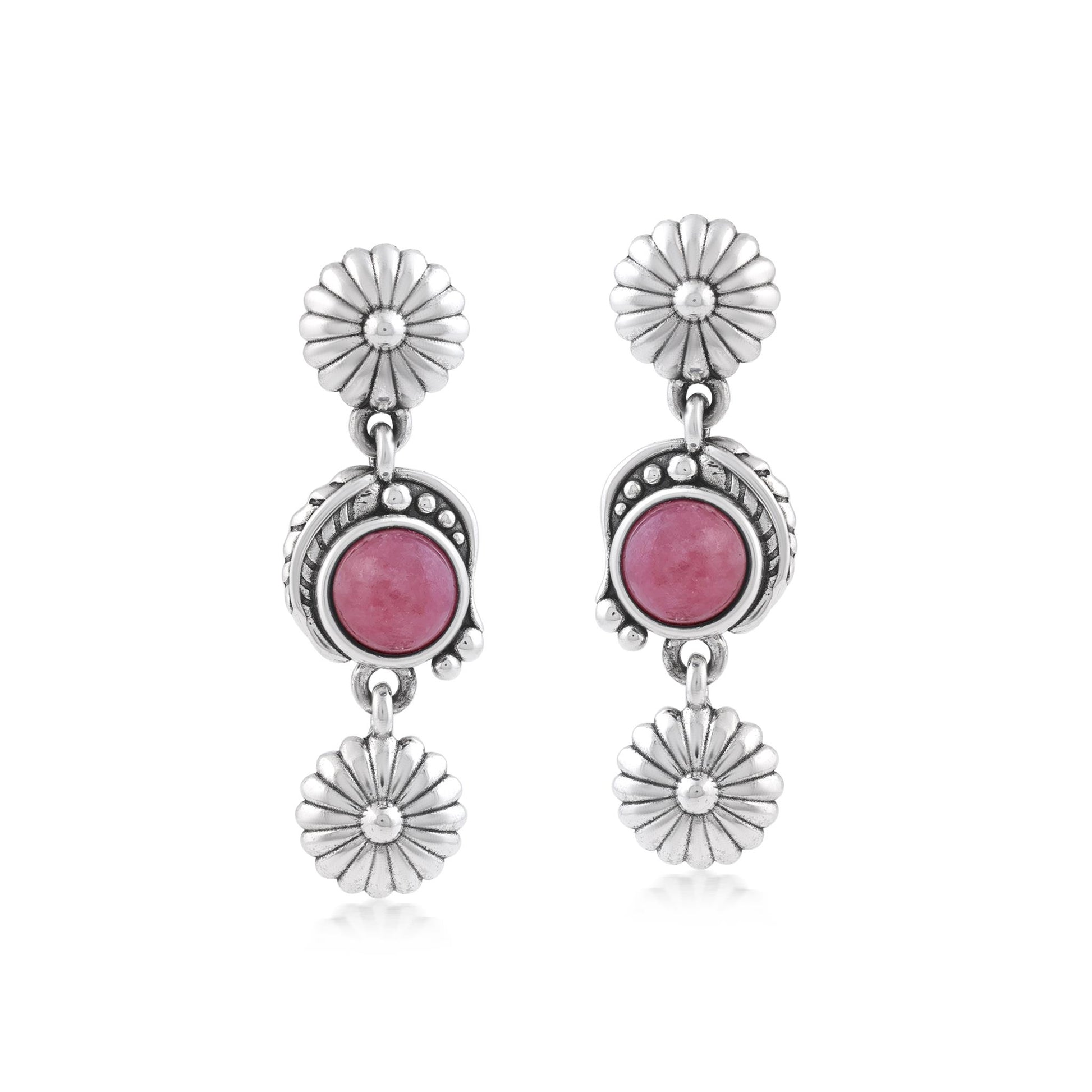Sterling Silver Rhodonite Leaf and Flower Dangle Earrings