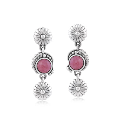 Sterling Silver Rhodonite Leaf and Flower Dangle Earrings