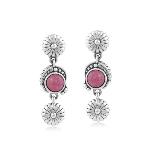 Sterling Silver Rhodonite Leaf and Flower Dangle Earrings