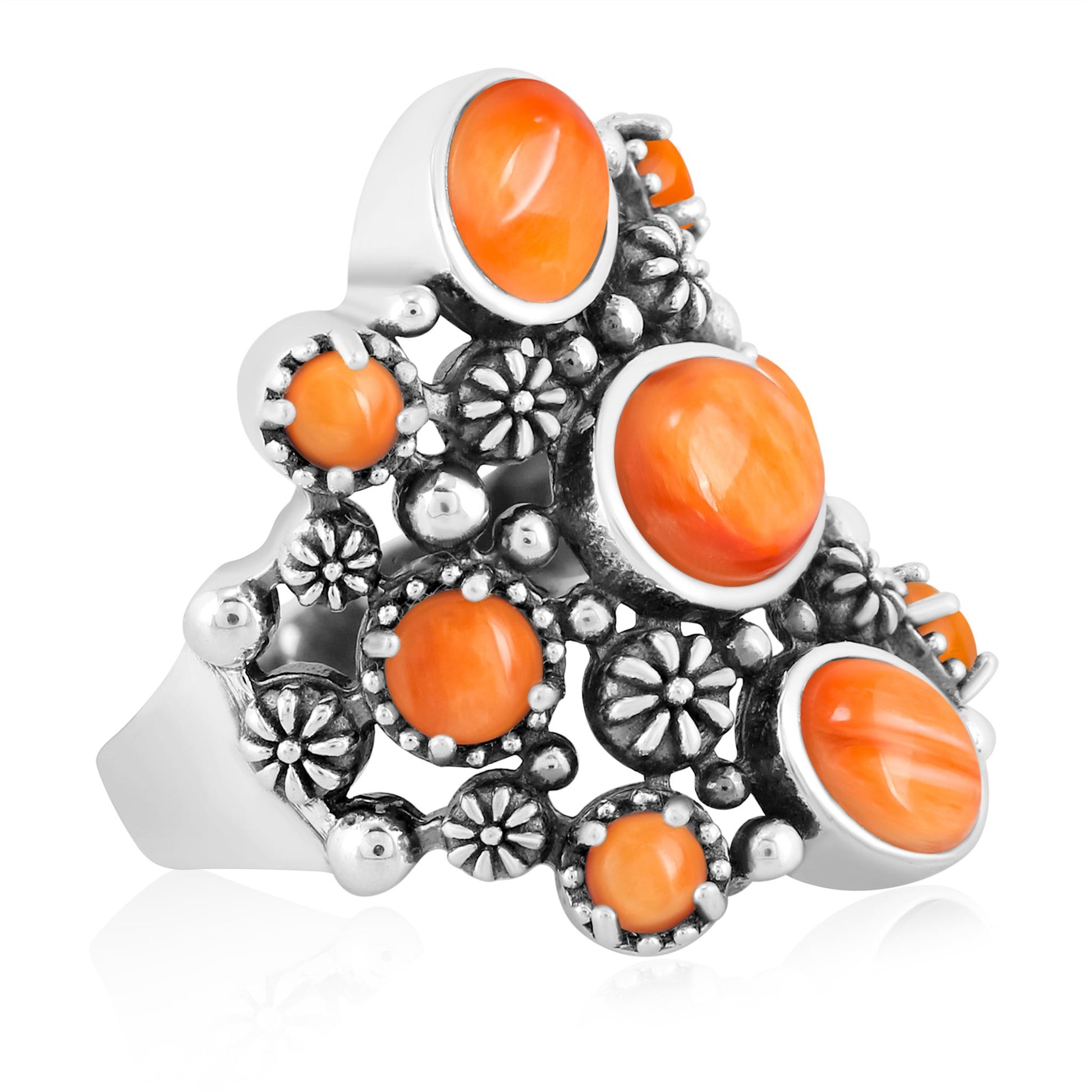 EXCLUSIVELY OURS! Sterling Silver Orange Spiny Oyster 9-Stone Cluster Ring
