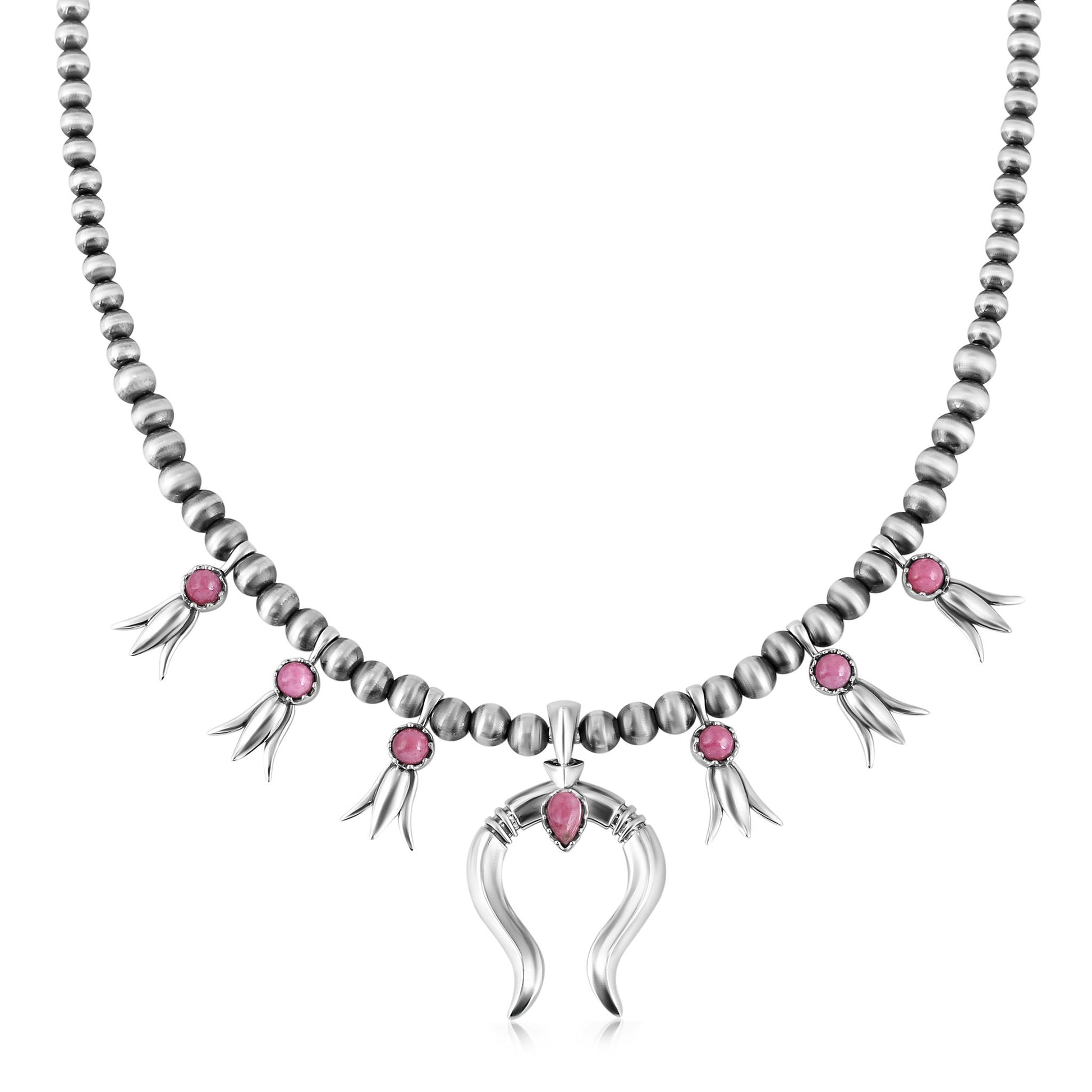 Sterling Silver Rhodonite Beaded Squash Blossom Necklace