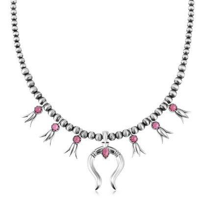 Sterling Silver Rhodonite Beaded Squash Blossom Necklace