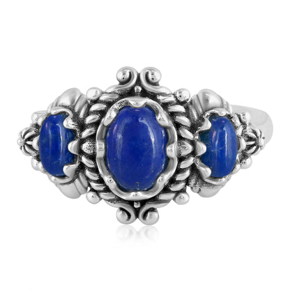 EXCLUSIVELY OURS! Sterling Silver Lapis 3-Stone Oval Scalloped Bezel Ring, Sizes 5 to 10