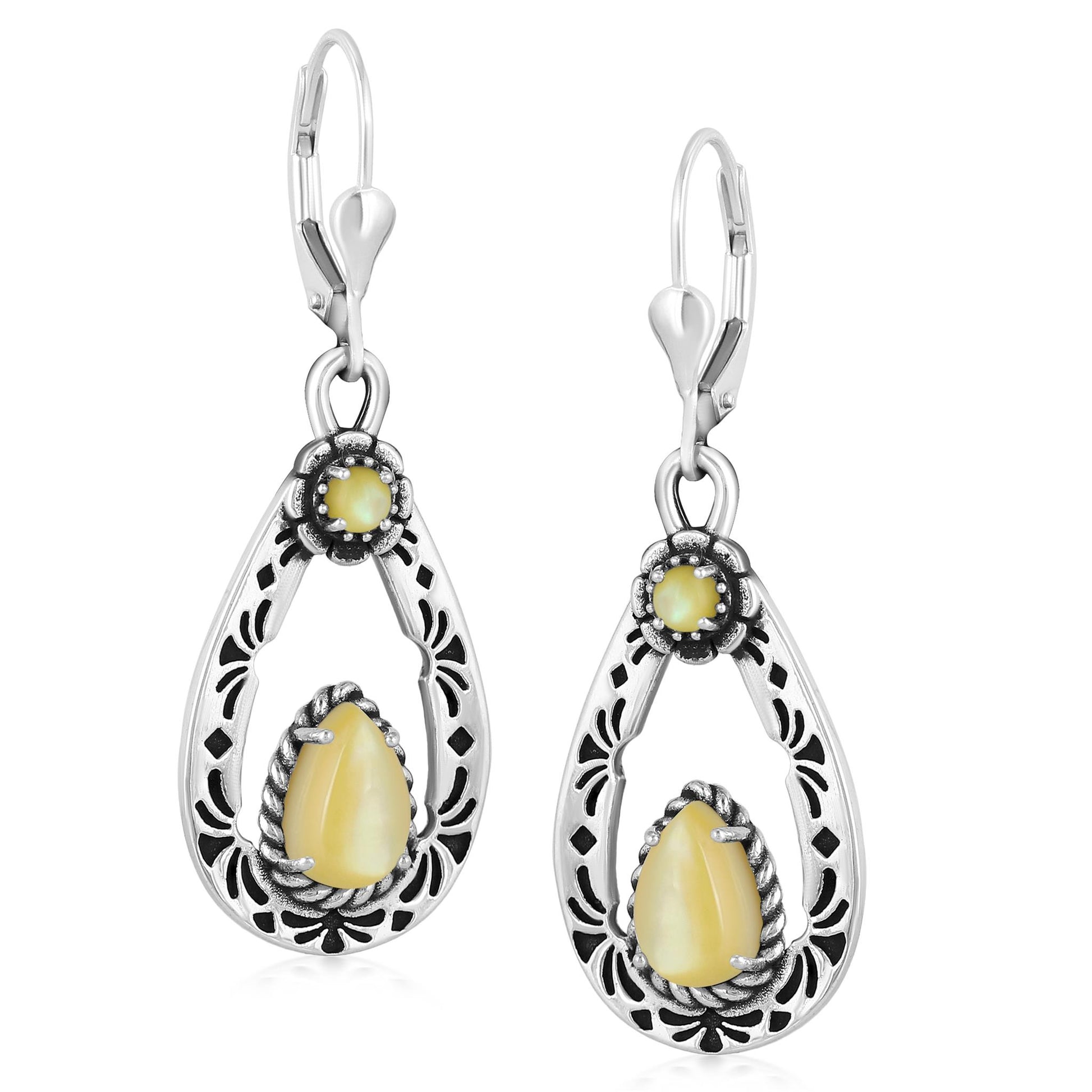 Sterling Silver Yellow Mother of Pearl Teardrop Dangle Earrings