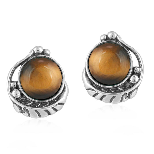 Sterling Silver Tiger's Eye Gemstone Leaf Design Button Earrings