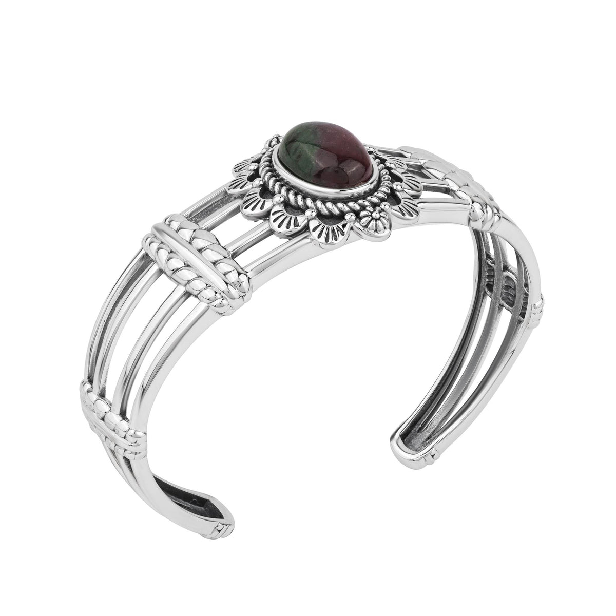 Sterling Silver Ruby Zoisite Oval Scallop Open Cuff Bracelet, Sizes Small to Large